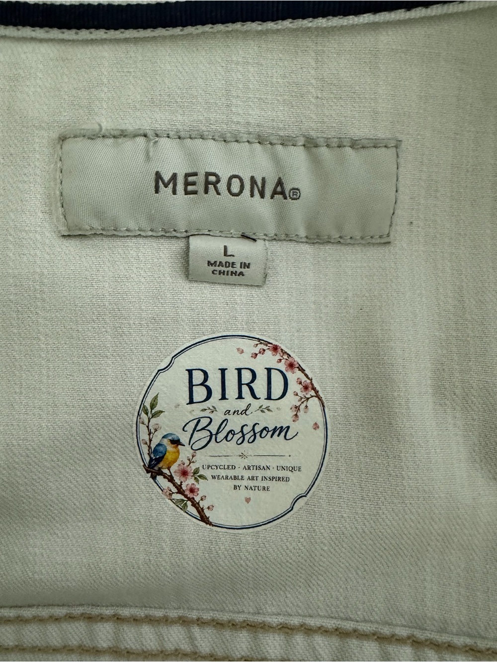 Merona | Large | UpCycled “Bird & Blossom” Boutique Beige Mushroom Denim Jacket - Picture 3 of 11
